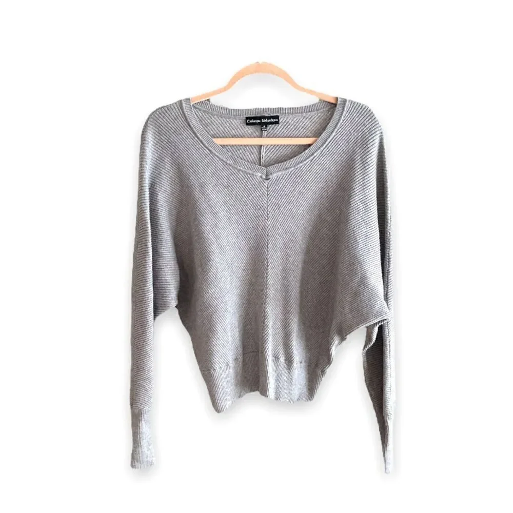 CATHERINE MALANDRINO | Gray Diagonal Knit V-Neck Sweater (M)
